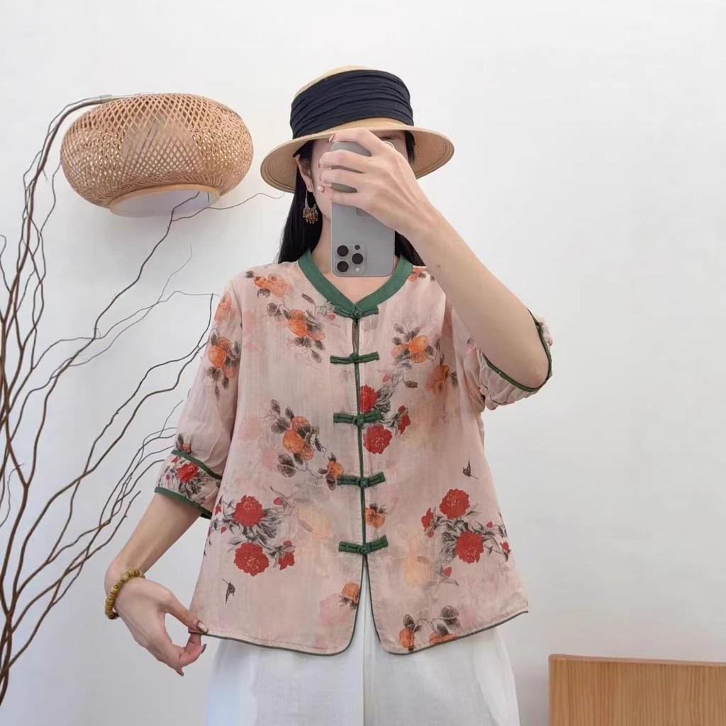 2026 Spring/Summer Women's Retro Ramie Printed Stand Collar 3/4 Sleeve Frog Button Cardigan Shirt