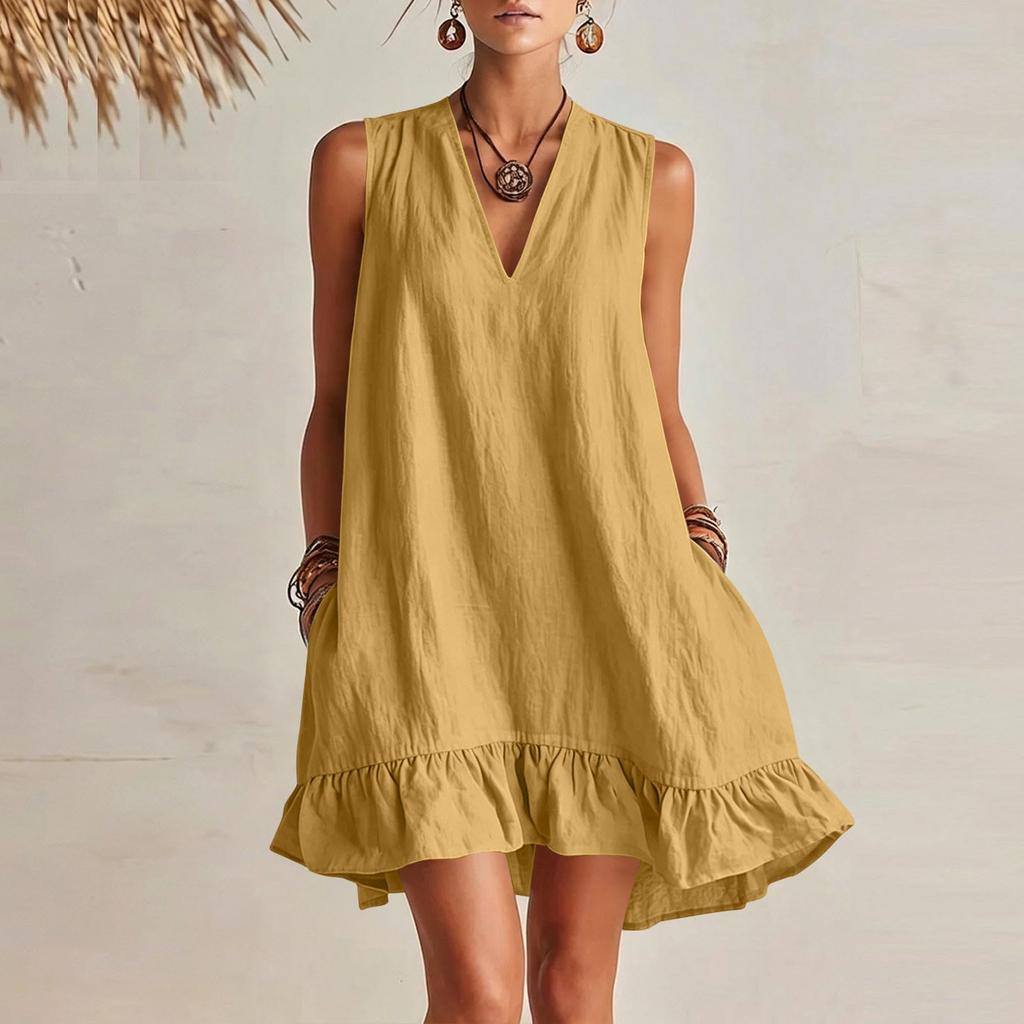 Damen V-Ausschnitt Ärmellos Rüschensaum Locker Sitzendes Kleid mit Taschen Sommerlich Lässig Leicht Einfarbiges Tunika-Kleid für den täglichen Gebrauch
