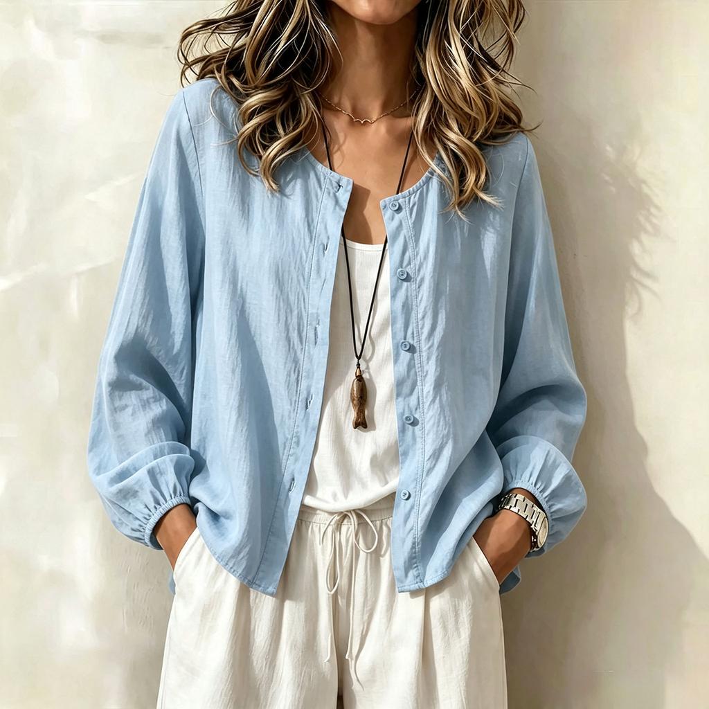 Damen Boho Baumwoll-Leinen-Bluse mit Spitzenbesatz für den Urlaub