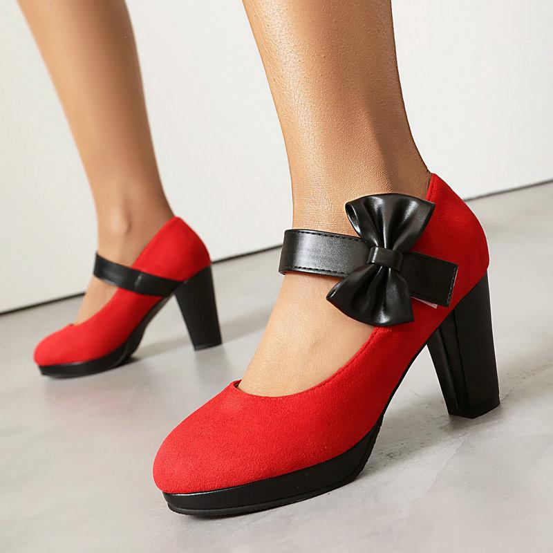 Suede Round Toe Chunky Heels with High Heels Bow Velcro Line with Single Shoes