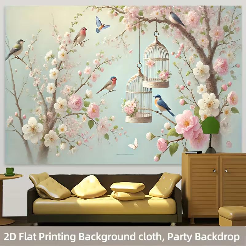 2D Printed Spring Cherry Blossom Tree Backdrop, Cute Birds & Vintage Bird Cage Photo Background for Birthday Party