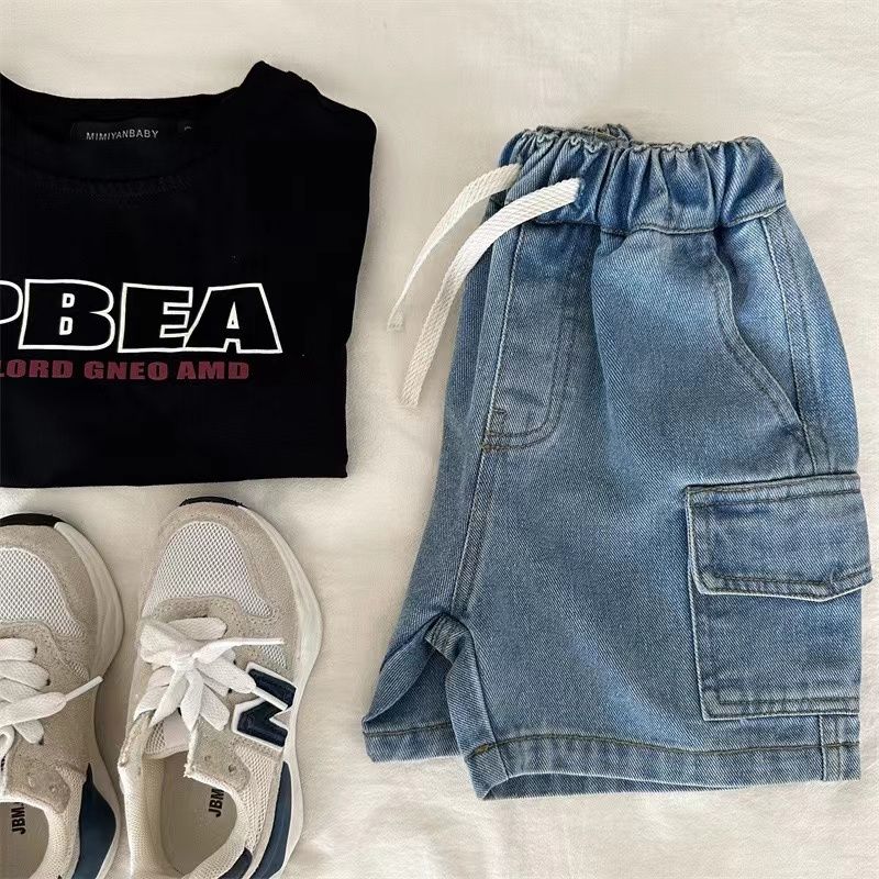 Summer Children's Girls and Boys Denim Shorts Elastic Waist Drawstring Solid Color Pocket Cargo Jeans Baby Boys Casual Shorts