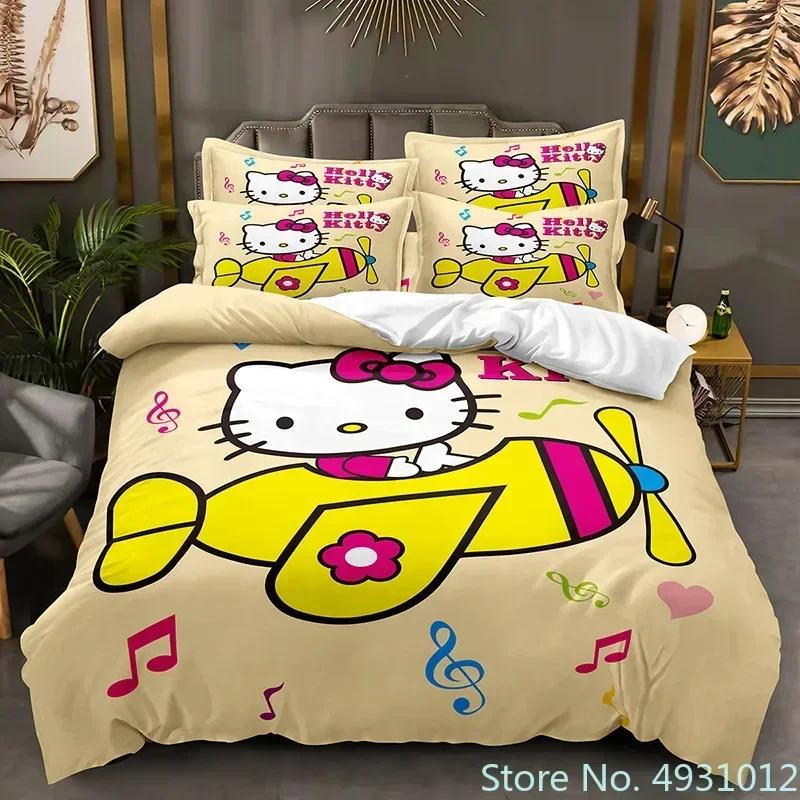 

Cute Twins Hello Kitty Bedding Set Pillowcase Japanese Anime Bedclothes 3D Printed Quilt Cover Duvet Cover Baby Kids Child Gift EU Single(135*200cm)3pcs