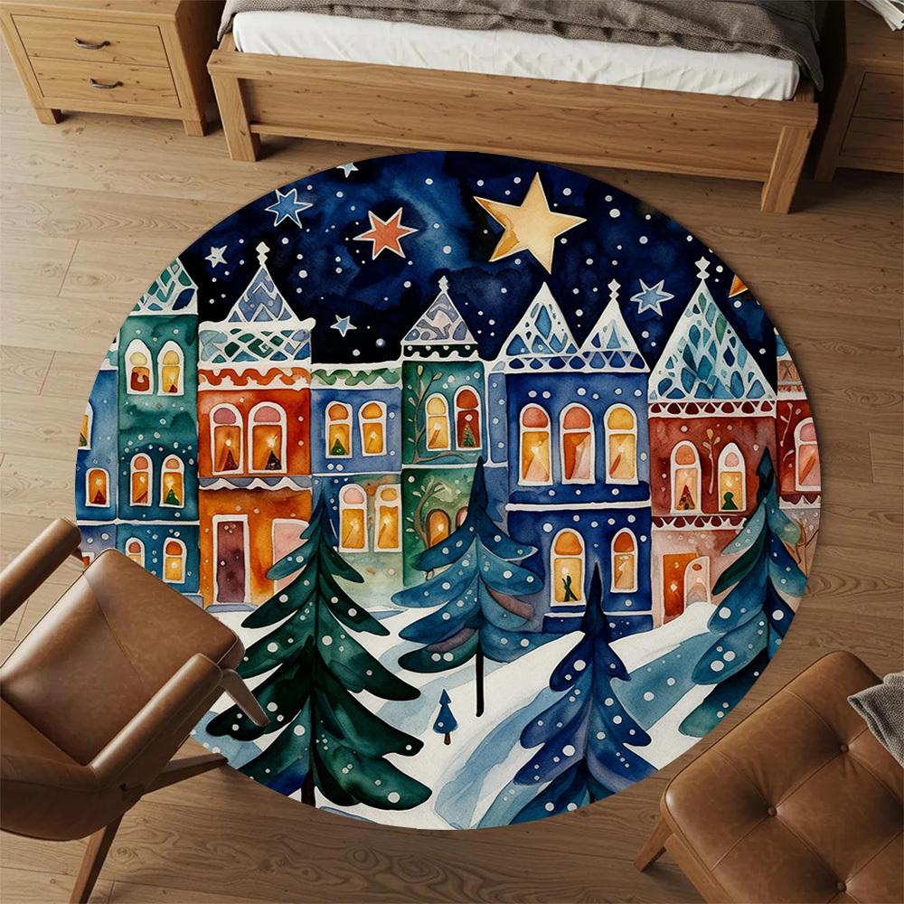 1pc Christmas Town Round Chair Mat Office Area Rug - Non-Slip, Floor Mat for Office, Bedroom, Ideal Home Decor Gift P0105118