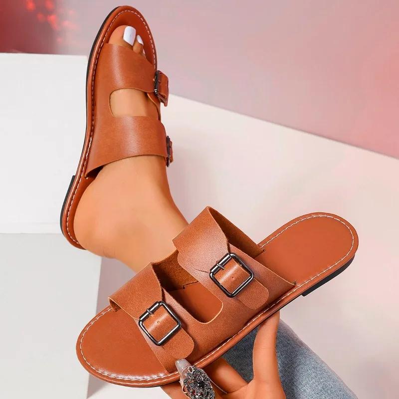 

Женские нескользящие тапочки с мягкой подошвой, женские кожаные сандалии с пряжками, летние тапочки на плоской подошве, женские повседневные пляжные тапочки, женские тапочки 43 коричневый