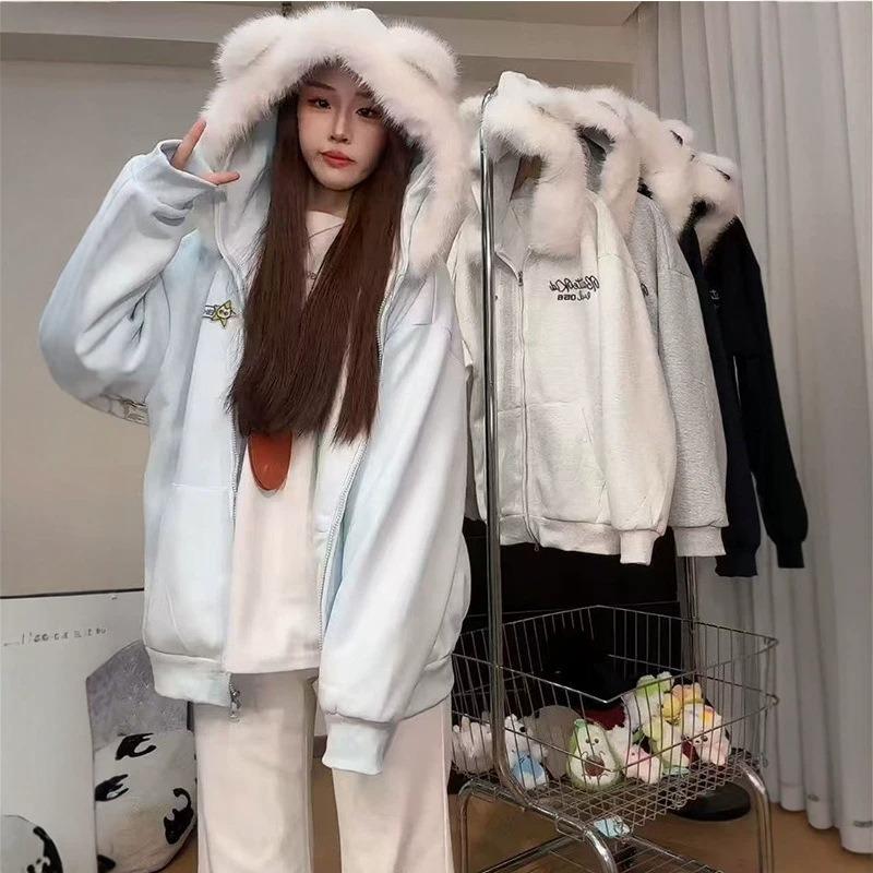 Fur Collar Cat Ears Hooded Zipper Cardigan Sweater Women's Autumn and Winter Great-looking Plush Thickened Loose Top Jacket