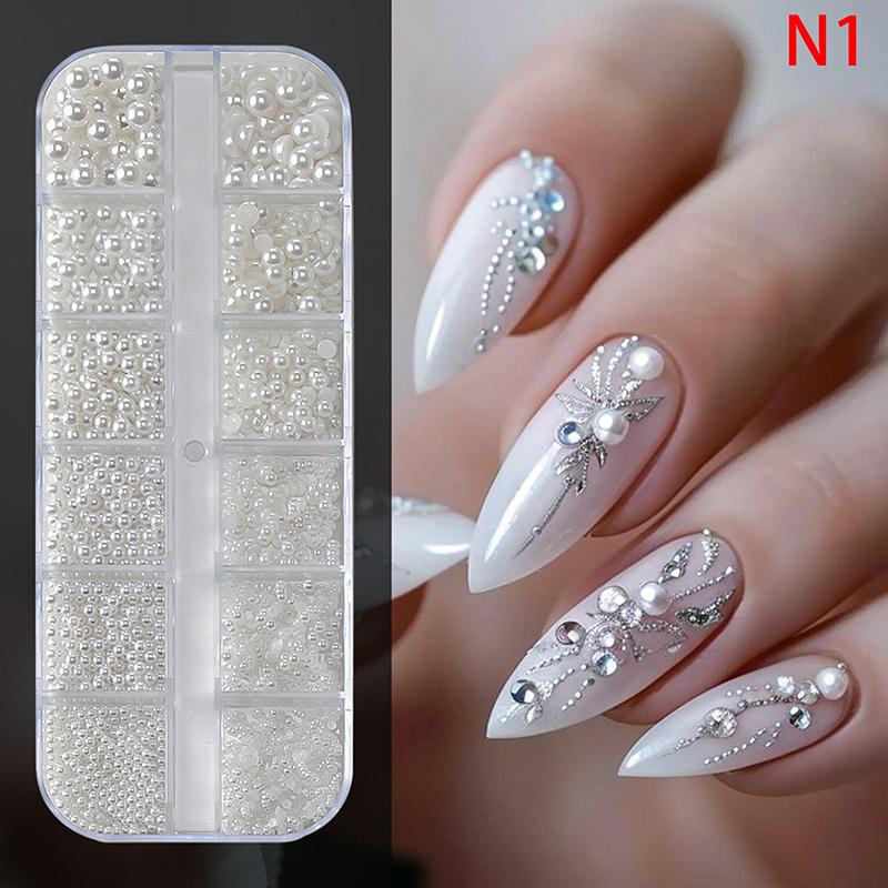12Grids 3D Mixed White Pearls Nail Charms 0.15-0.5Mm Round/Semicircle Pearl Beads Nail Art Rhinestones Diy Manicure Accessories