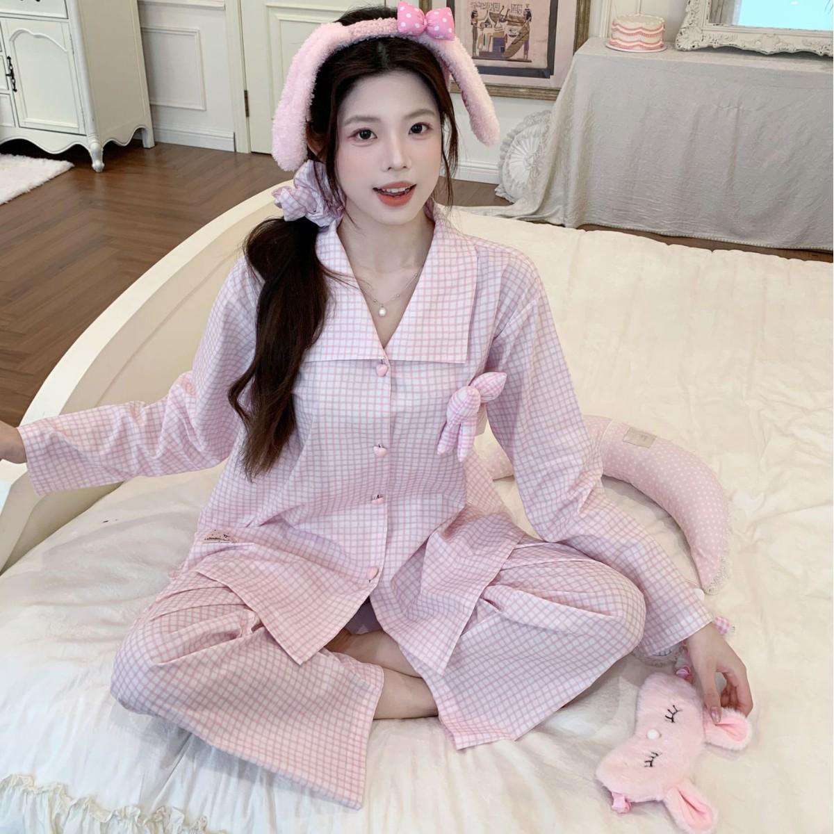 Korean Cotton Plaid Pink Pajama Set: Cute & Sweet Japanese Princess Style XL