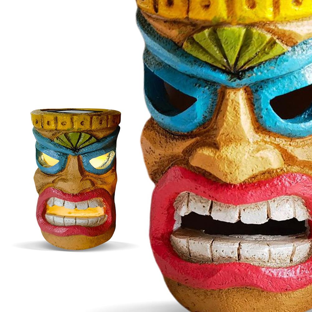 Decoración de Jardín Cabeza Tiki con Luz Solar Exterior Figura Tiki Alimentada por Energía Solar Adorno Tiki Hawaiano Decoración de Verano para Patio Piscina Jardín