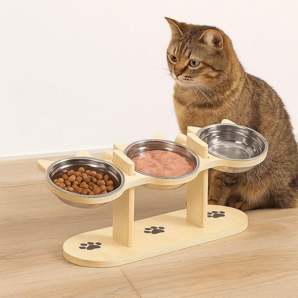 Three Bowl Design High Cat Bowl Lifting Height Stainless Steel Pet Feeding Bowl Protects Neck Spine Food And Water Plate