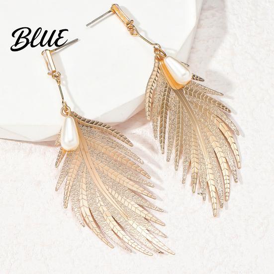 Face Slimming Earrings Fashion Feather Drop Elegant Metal Faux Pearl