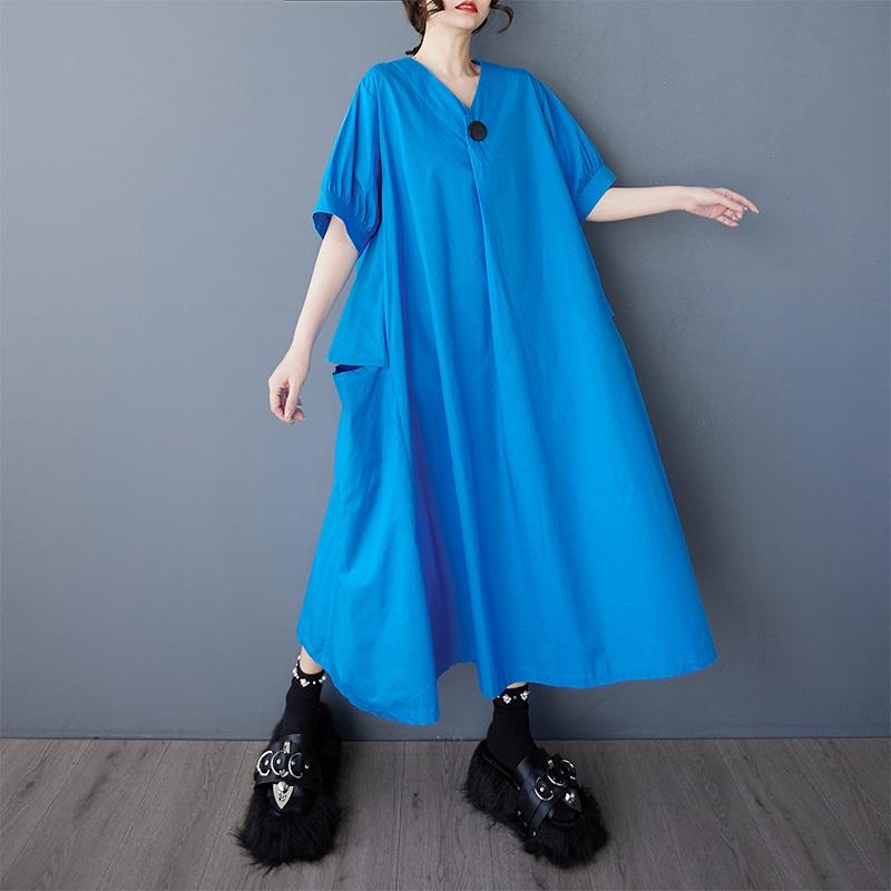 

Новое винтажное платье больших размеров с коротким рукавом для женщин, повседневное свободное длинное летнее платье синий