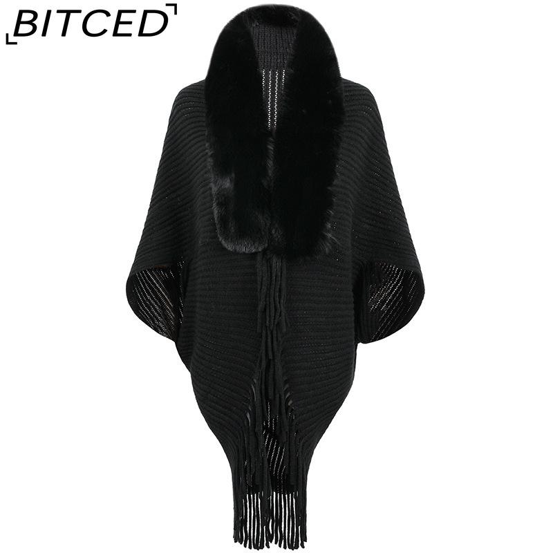 BITCED Autumn/Winter Fringe Shawl with Fur Collar – Women's Knitted Cape Coat