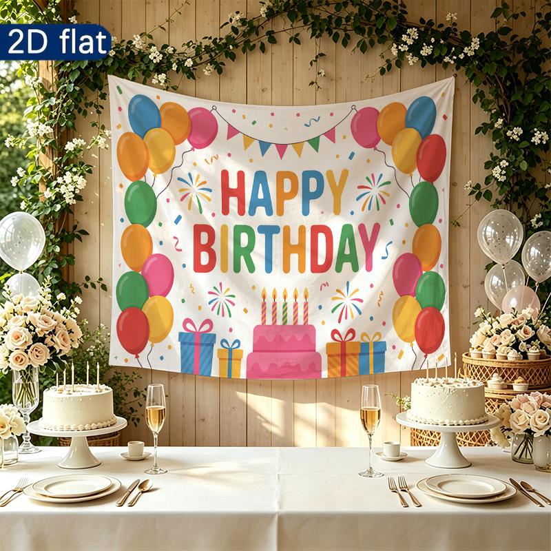 Floral Bouquet Balloons Tiered Cake Birthday Party Backdrop, Polyester Banner for Wall Decor & Photo Booth