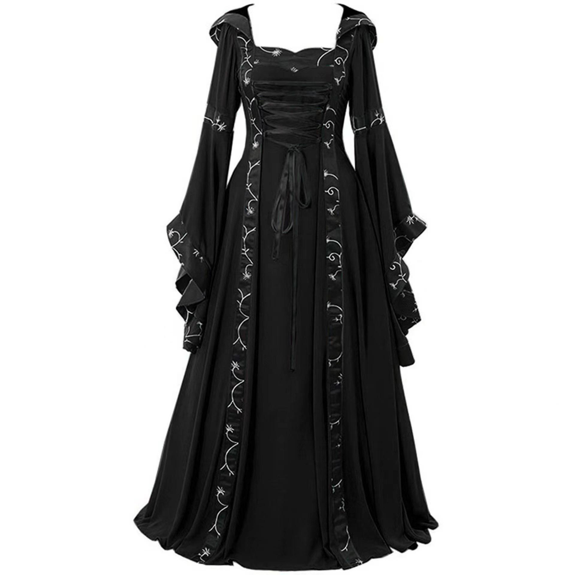 Medieval Retro Hooded Dress with Square Neck and Flared Sleeves 3XL чёрный/чистый