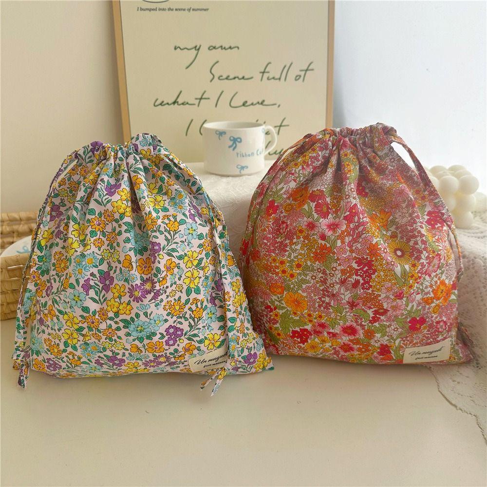 Multi-Purpose Cotton Drawstring Storage Bag Floral Print Dustproof Makeup Bag Portable Ins Style Cosmetic Bags Travel Use