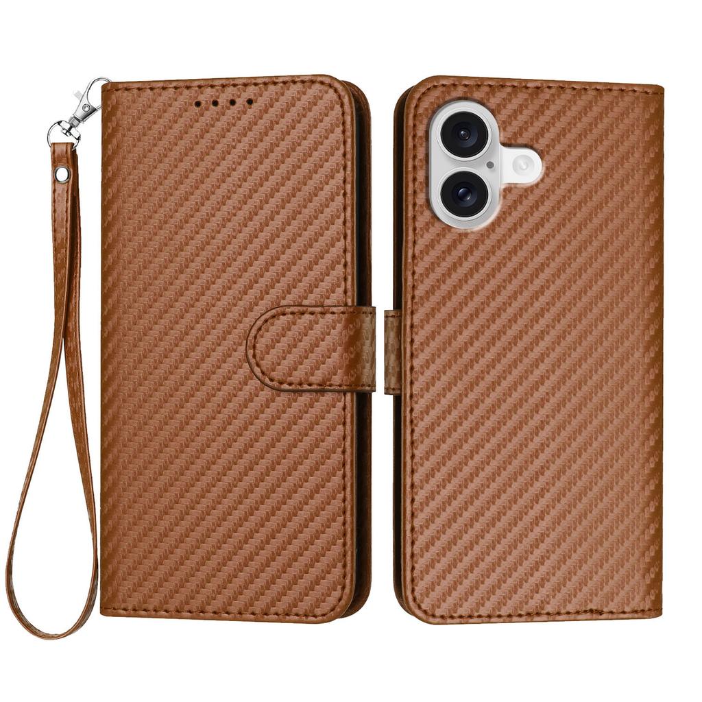 For iPhone 17 Wallet Case with Strap Carbon Fiber Texture Leather Mobile Cover