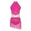 Womens Latin Dance Leotard Sleeveless Mock Neck Patchwork Rhinestones Tassels Adorned Gymnastics Costume