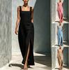 New European and American Style Square Collar Vest Dress, High Waist Split Fork Drape Commuter Vacation Dress