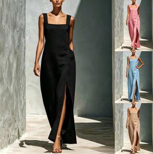 New European and American Style Square Collar Vest Dress, High Waist Split Fork Drape Commuter Vacation Dress