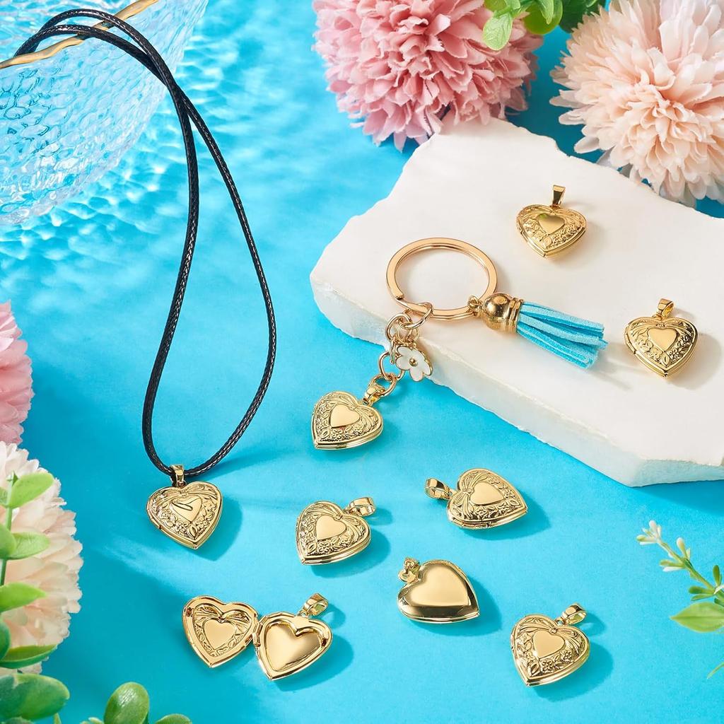 Beadthoven 10 szt. Prawdziwe Pozłacane 18K Serce Medalion Wisiorki Grawerowane Serce z Węzłem Wstążki Kwiaty Ramka na Zdjęcie Zawieszki Uchwyt na Zdjęcie Medalion Pamięci