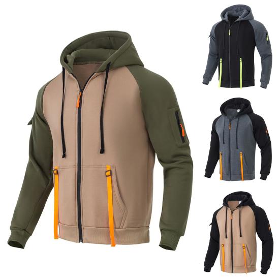 Men Hooded Jacket Autumn Winter Zip-up Hoodie Multi-Pocket Fleece Lined Sweatshirt Jacket for Daily