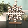 Wooden Snowflake Christmas Ornament Double-Layer 3D Design Hexagonal Shape Statue with Stable Base Table Decor