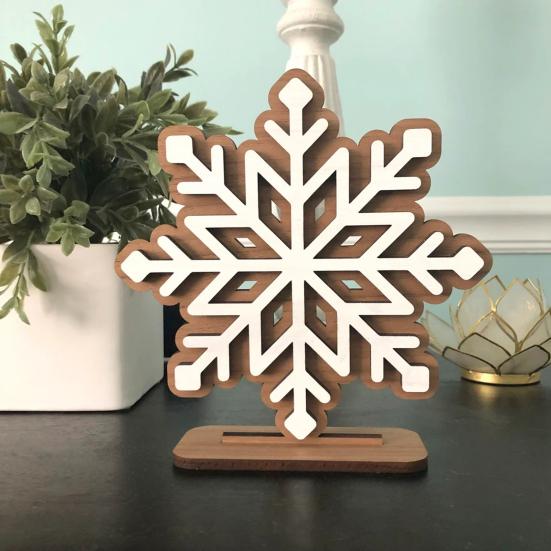 Wooden Snowflake Christmas Ornament Double-Layer 3D Design Hexagonal Shape Statue with Stable Base Table Decor
