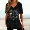 Summer V-neck 3D Cartoon Cat Printed Top Fashionable Casual Short Sleeved Women's T-shirts