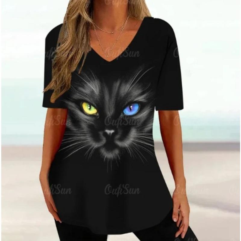 Summer V-neck 3D Cartoon Cat Printed Top Fashionable Casual Short Sleeved Women's T-shirts