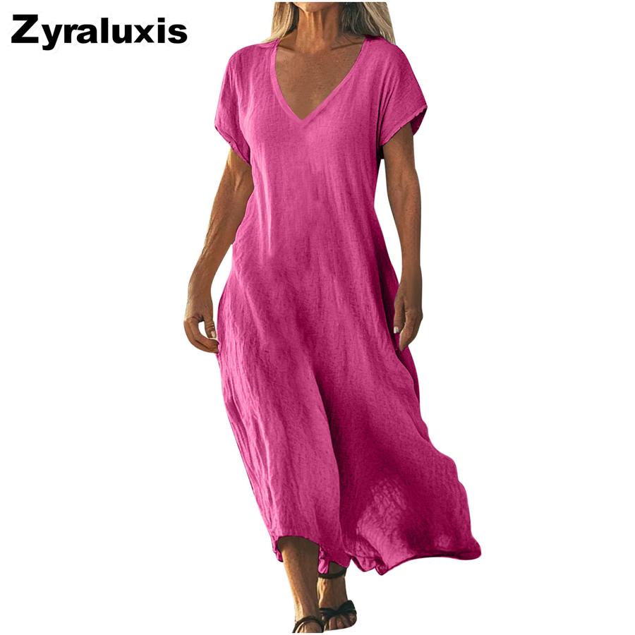 Oversized Solid Color V-Neck Cotton Linen Women's Dress for Women's Clothing