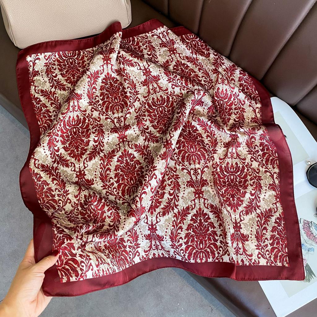 71Cm imitation silk small square scarf burgundy baroque pattern silk scarf versatile professional scarf spring and summer decorative scarf