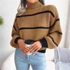 Women Striped Sweaters Half High Collar Splice Full Sleeve Top Pullovers Knit Lantern Sleeve Casual Office Lady Winter 2024