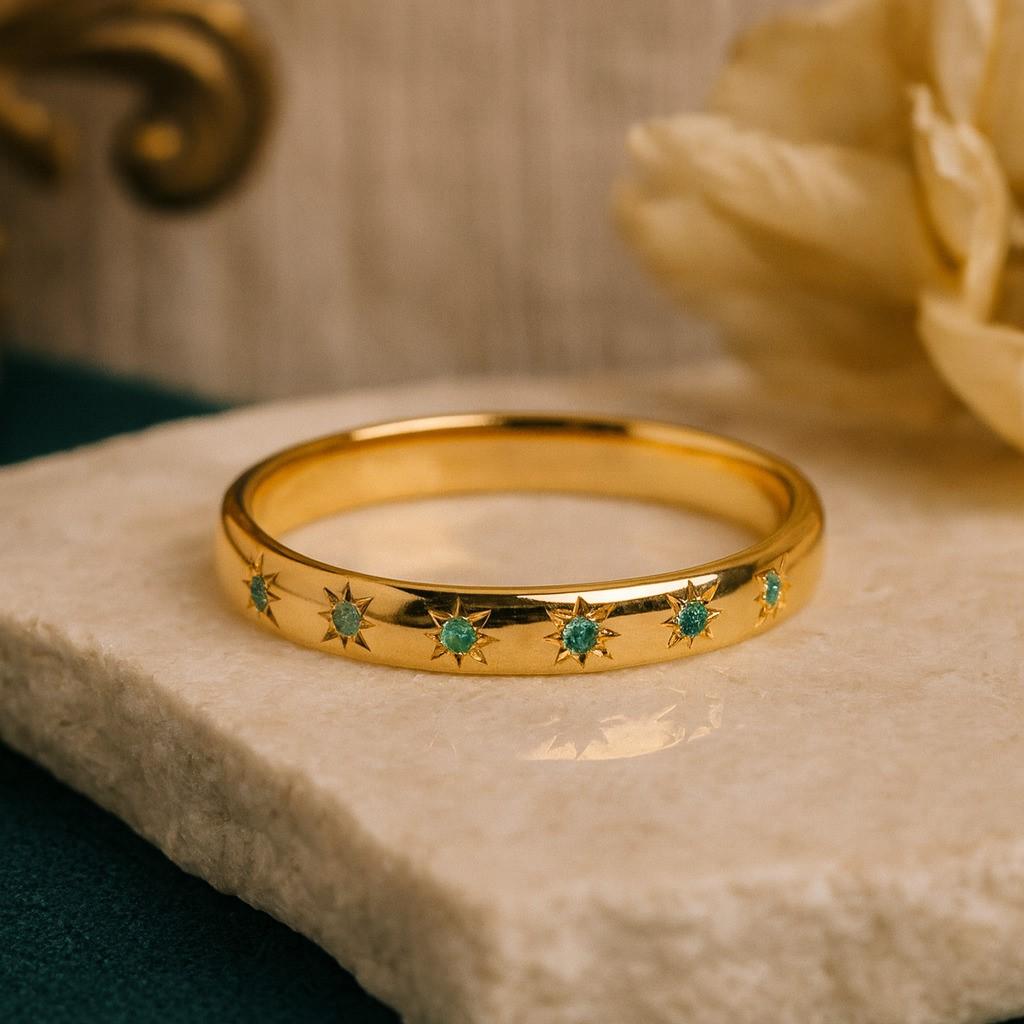 Star Elegant Emerald Wedding Band for Women – Yellow Gold Plated 925 Sterling Silver Ring | Minimalist Stacking, Engagement, Anniversary, Promise Gift