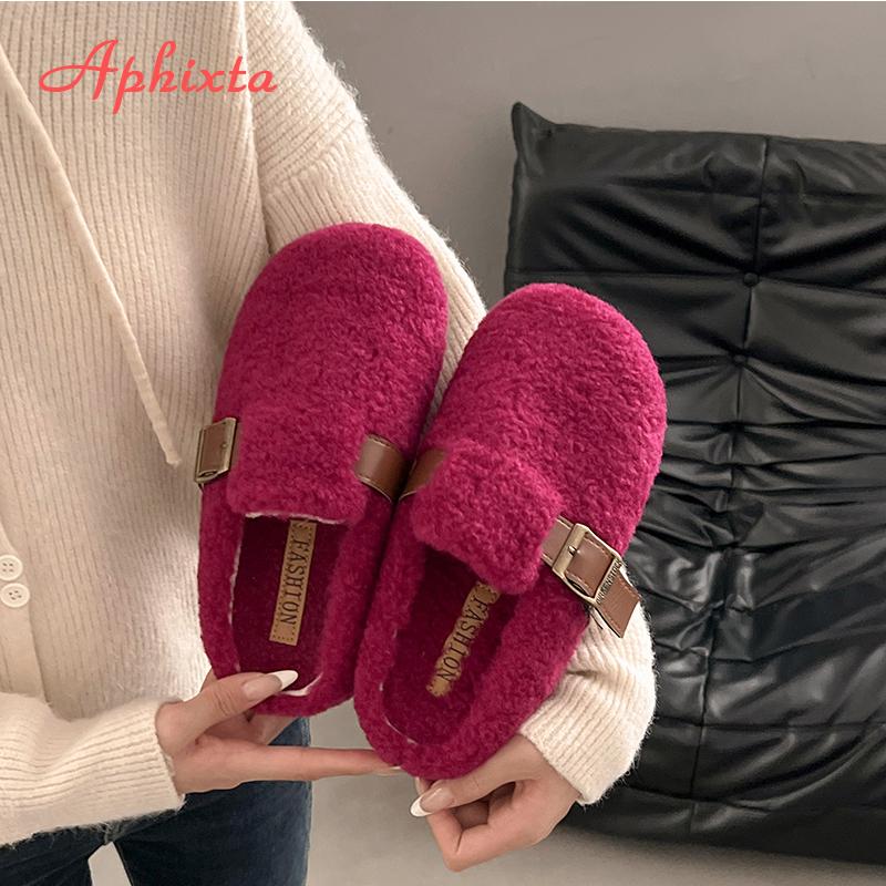 Fashion Aphixta Rose Red Cotton Warm Winter Slippers Fashion Buckle Belt Platform Slippers for Women 2024 Winter Plush Warm Cotton Shoe