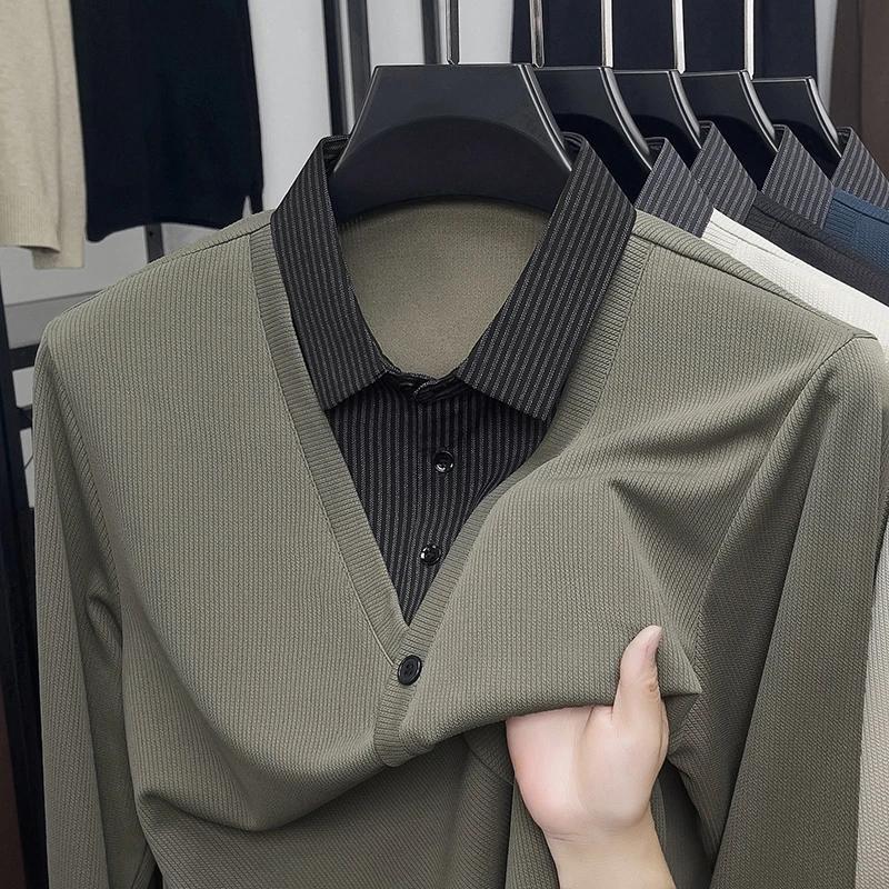 Men s Fake Two Piece Polo Shirt Casual Fashion Long Sleeve Collar T-shirt Versatile Top M хаки