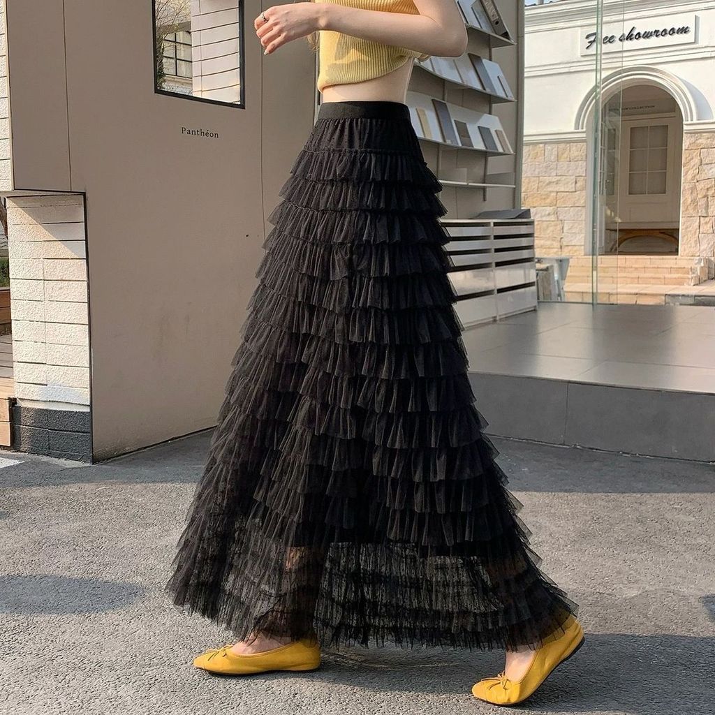 Qooth Polka Dot Tulle Tiered Cake Maxi Skirt A-Line Long Skirt Slimming QT2897