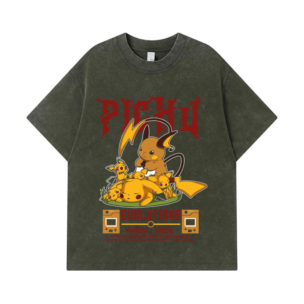 275 GSM Washed T-shirts 100% Cotton Pokemon V18 Pikachu Evolutions Print Unisex Heavy Cotton T Shirt S