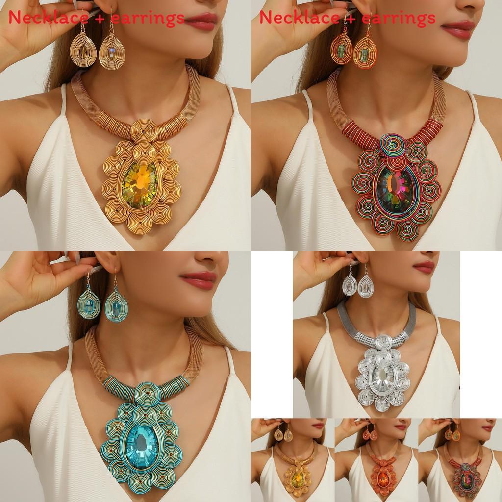 Personalized Jewelry Set With Mixed Material Crystal Drop Earrings And Statement Necklace For Teens