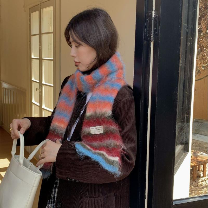 Thick Woolen Knitted Scarf Autumn Winter Rainbow Color Block Striped Versatile Anti-Cold Shoulder Wrap Scarf