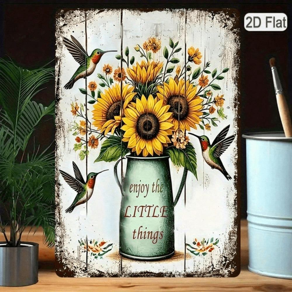 1PC Rustic Sunflower Metal Tin Sign, 2D Flat Hummingbird Plaque with Enjoy The Little Things Quote, Farmhouse Wall Decor