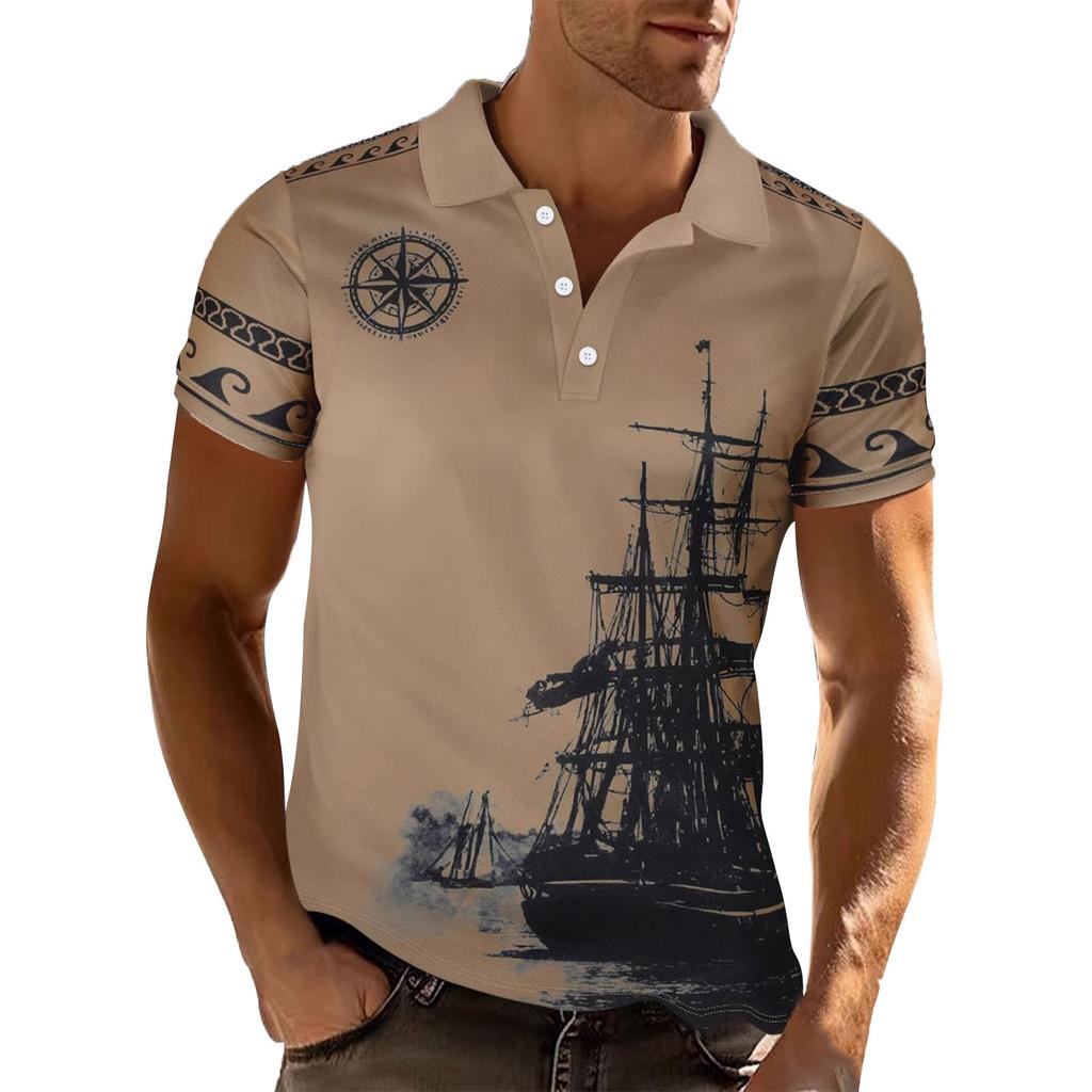 Men's Summer Sailing Pattern Short Sleeve Top With Collar Pocket Half Sleeve T-shirt