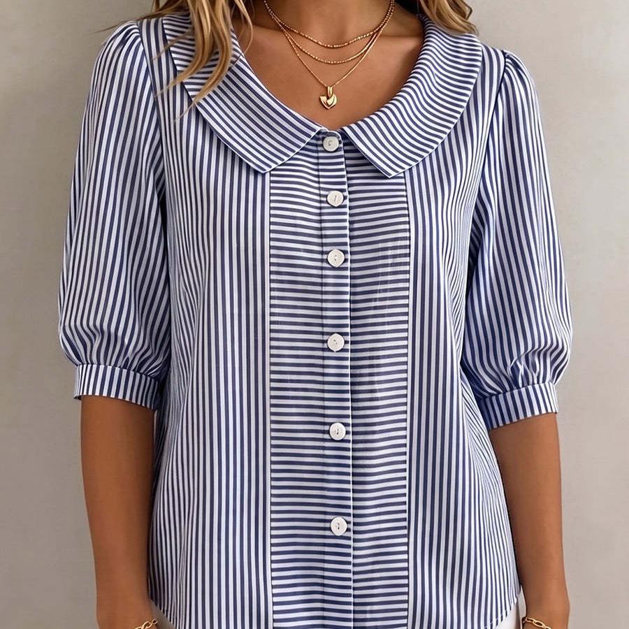 Women's Peter Pan Collar Puff Short Sleeve Vertical Stripe Single Breasted Loose Casual Blouse Shirt