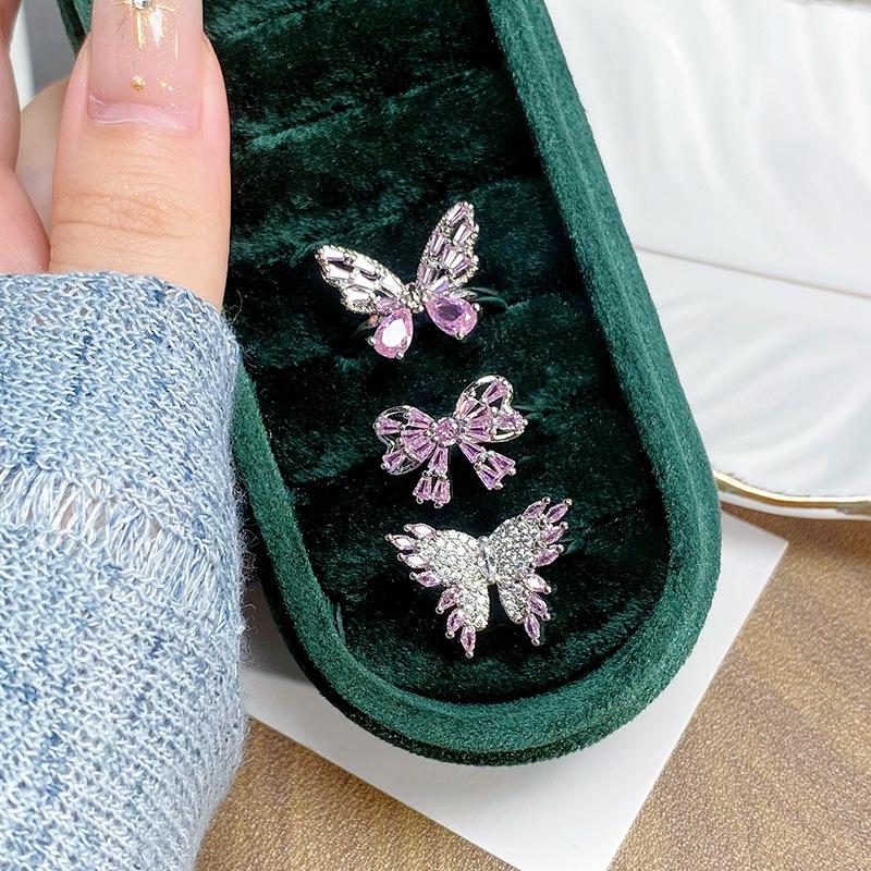 Heavy Industry Light Luxury Full Diamond Pink Zircon Butterfly Opening Ring Niche Premium Sense Delicate Personality Ring Female