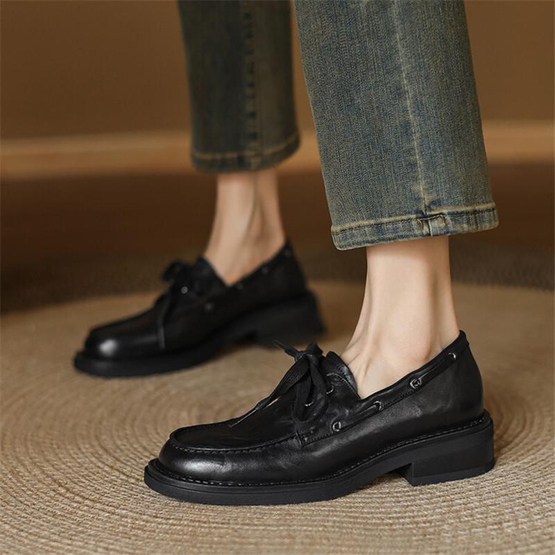Fashion New Autumn Genuine Leather Women Pumps Fashion Lace Round Toe Shoes for Women Chunky Heel Casual Women Loafers Zapatos Mujer