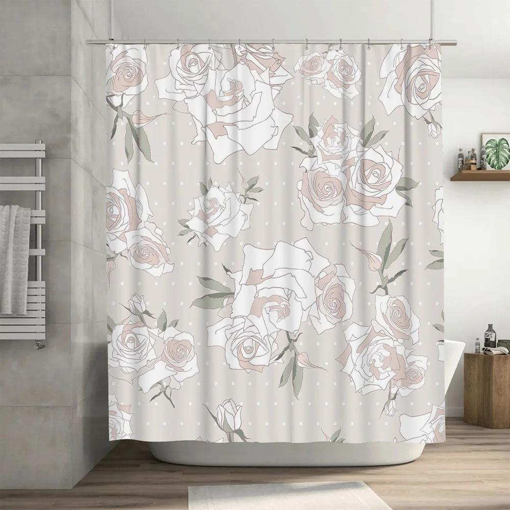 Luxury Floral Print Shower Curtain For Bathroom Decor Neutral Pink, White And Green Colors Water Repellent Fabric Waterproof Bat