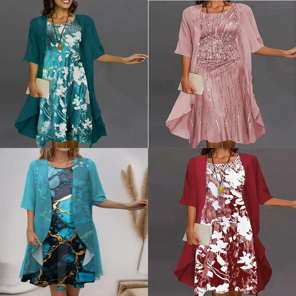 Elegant Polyester Chiffon Twopiece Dress With 3d Print For Spring Fashion