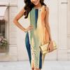 Women Plus Size Round Neck Sleeveless Dark Blue Printed Bodycon Midi Dress