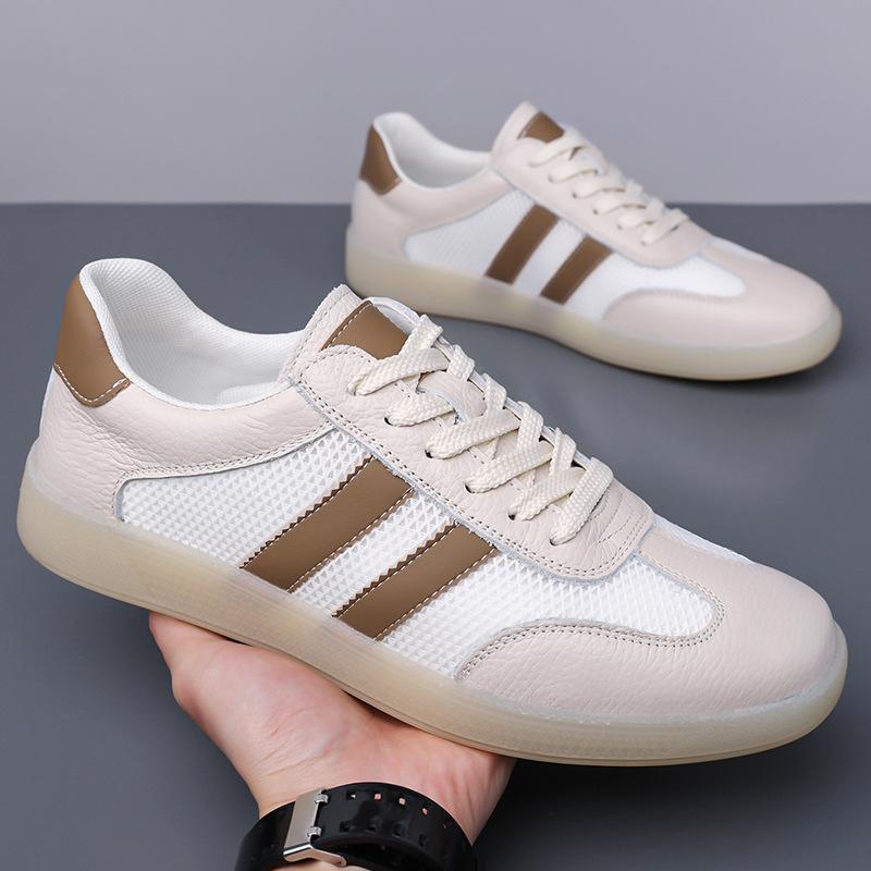 Shoes for Men Genuine Leather Casual Shoes Fashion Striped Breathable Mesh Flat Skateboard Shoes Street Lace-up Sneakers