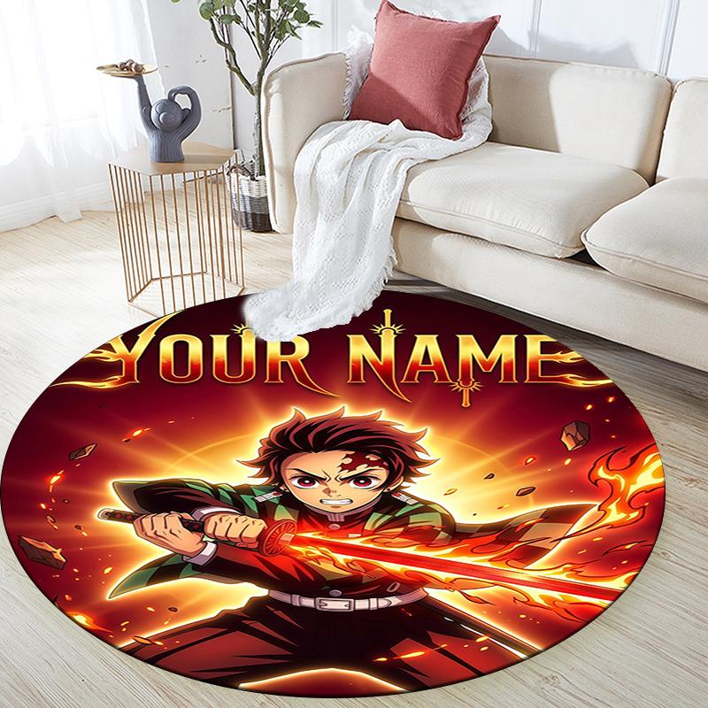 Custom Name,Tanjiro Kamado pattern round rug,Carpet Rug for Living Room Bedroom Playroom ,Non-slip Floor Mat,Holiday Gifts and Birthday Gifts.